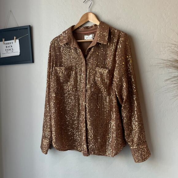 Anthropologie Top Sequin Brown Long Sleeve Remie Button Up Shirt Size XL - Picture 3 of 9